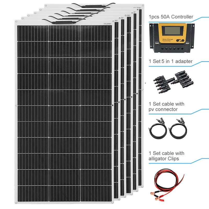 Zonnepaneel - Zonnepaneelset - Zonnepaneelkit - Flexibel - Fotovoltaïsch - Set van 5 - Zonnepaneel - met Controller - PV-connector - Krokodillenklem - 2-in-1-Adapter - voor Camperaccu - Thuislader - Camping - Noodsituatie - 600W - Zwart