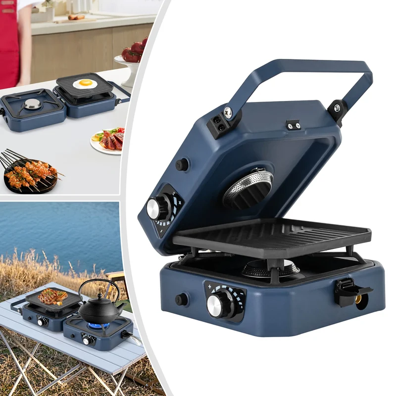 Kooktoestel - Gasstel - Campinggasfornuis - Campingmeubelen - 2-in-1 - met Grillplaat - 2 Branders - Inklapbaar - Draagbaar - voor Buitenactiviteiten - Kamperen - Noodsituatie - 53.8 x 6.9 cm - Blauw