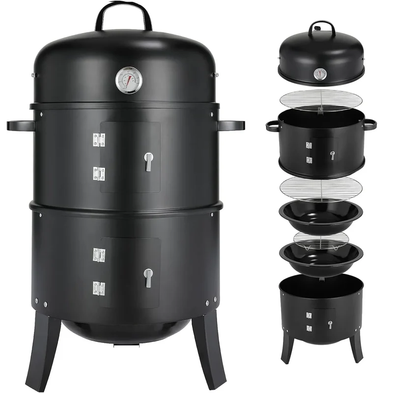 3-in-1 - Houtskoolgrill - BBQ-rokergrill - Draagbare Verticale Grillkoker - met Ingebouwde Thermometers - Verstelbare Ventilatiesystemen - Klassieke Stijl - voor Buitenkoken - BBQ - 44.5 x 80 cm - Zwart