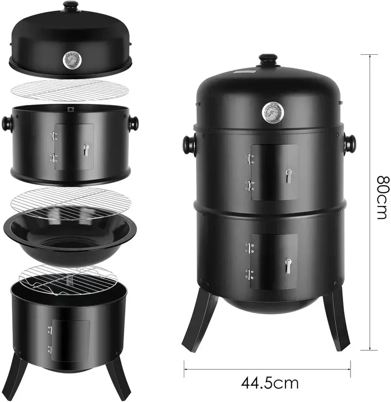 BBQ - BBQ Houtskool - Smoker - 3-in-1 - Ø45cm - Verticale - Barbecue - met Thermometer, Deksel en 2 Roestvrijstalen Roosters – Klassiek Model voor Buiten - Rookoven - Ronde