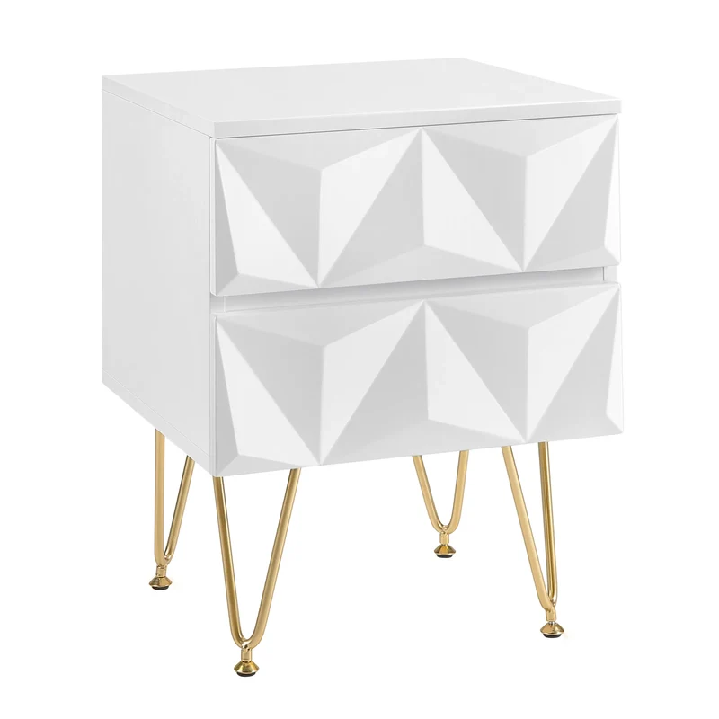 Nachtkastje met Geometrisch Design – Moderne Bedkast met 2 Lades en 3D-Effect – Witte & Gouden Afwerking – Compacte Ladekast 40x53x40 cm – Stijlvol voor Slaapkamer