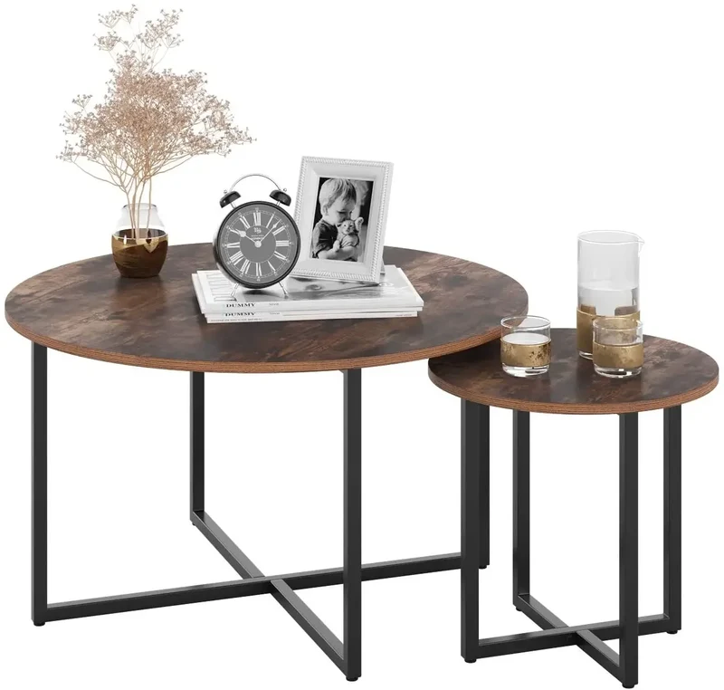 Salontafel - Middelste Tafel - Koffietafel - Woonkamertafel - 2 Stuks - Hout Rond Tafelblad - X-vormig Metaalen Poten - Duurzaam - Stabiel - Ø80 x 45 cm & Ø42 x 40cm - Hout & Zwart