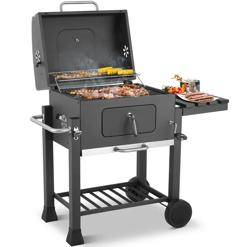 Houtskoolgrill - BBQ-rokergrill - met 2 Grillroosters - 4 Verstelbare Ventilatieopeningen - Thermometer - Planken - Haken - Verstelbare Houtskoollade - Wielen - Groot Grilloppervlak - voor Buiten - Tuin - Achtertuingrillen - 78 x 55.7 x 82.5 cm - Zwart