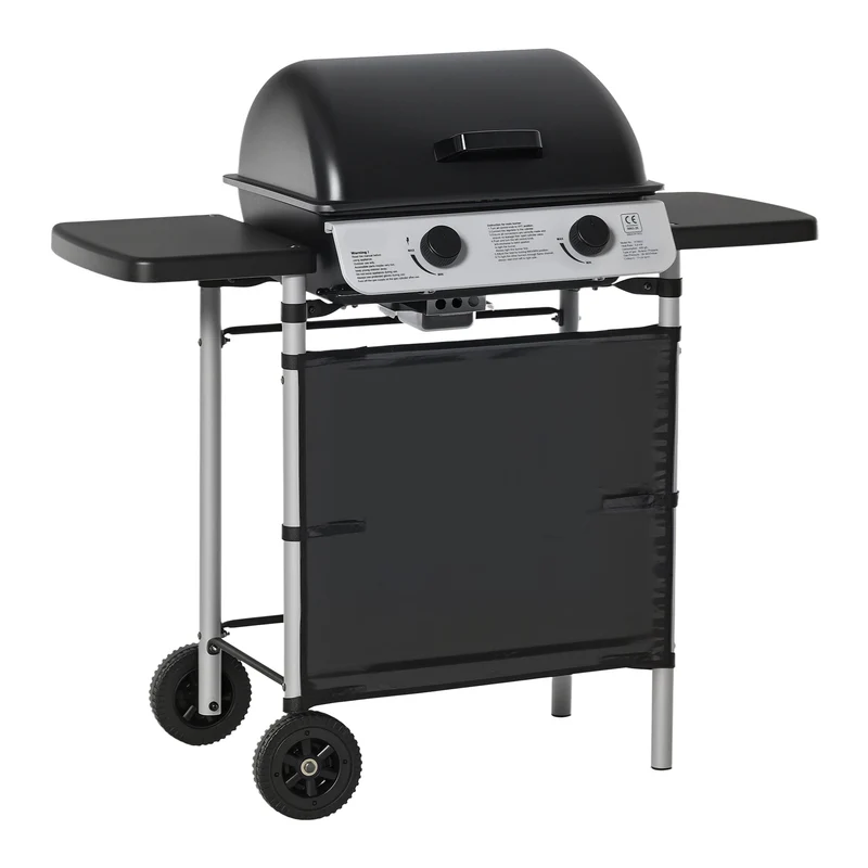 Gasbarbecue - BBQ-rokergrill - met 2 Branders - 2-zijdige Barbecuetafel - Planken - Wielen - Groot Grilloppervlak - voor Buiten - Tuin - Achtertuingrillen - 104 x 49 x 99 cm - Zwart