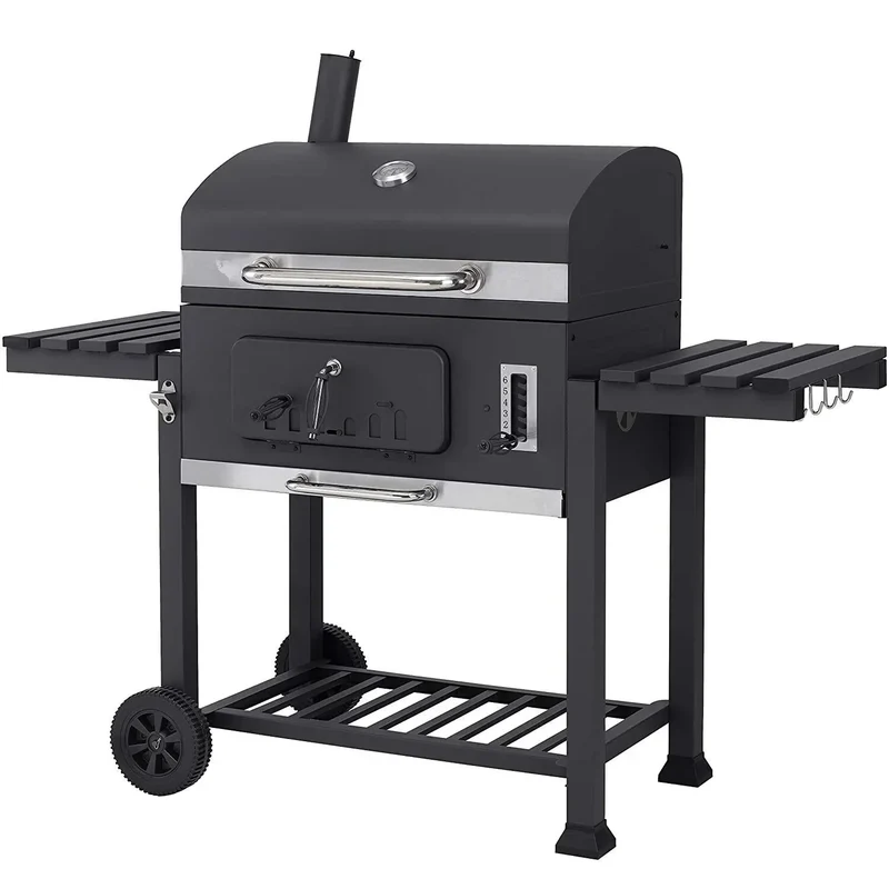Houtskoolgrill - BBQ-rokergrill - met Grillroosters - Thermometer - Planken - Haken - Verstelbare Houtskoollade - Wielen - Groot Grilloppervlak - voor Buiten - Tuin - Achtertuingrillen - 152 x 60 x 136 cm - Zwart