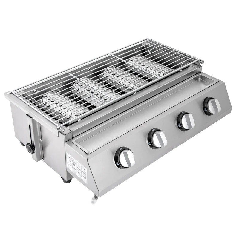 Gasbarbecue - BBQ-grill - Rookloze Barbecue - met 4 Individuele Branders - Hoogte Verstelbaar - Hoogwaardig materiaal - Snelle verwarming - Groot kookoppervlak - Eenvoudig schoon te maken - RVS - 58 x 40 x 20 cm -Zilver