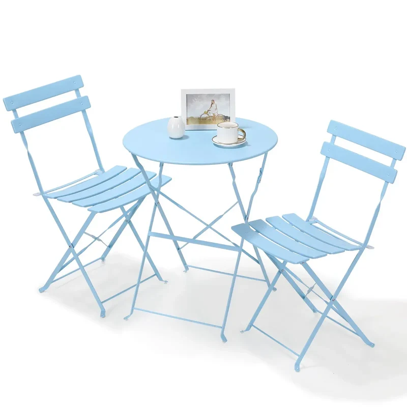 Bistroset - Tuinset - Tuintafel met Stoelen - 3-delige - Opvouwbare - Stalen Tafel en Stoelen voor Balkon - Balkonset 2 Personen - Bistrotafel - Lichtblauw