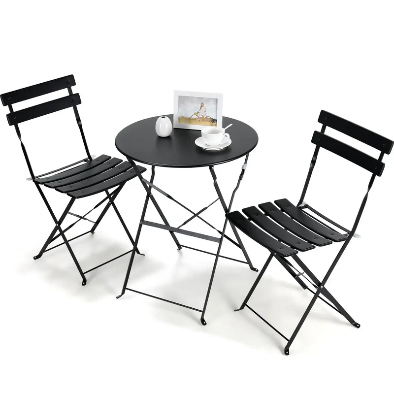 Bistroset - Tuinset - Tuintafel met Stoelen - 3-delige - Opvouwbare - Stalen Tafel en Stoelen voor Balkon - Balkonset 2 Personen - Bistrotafel - Zwart