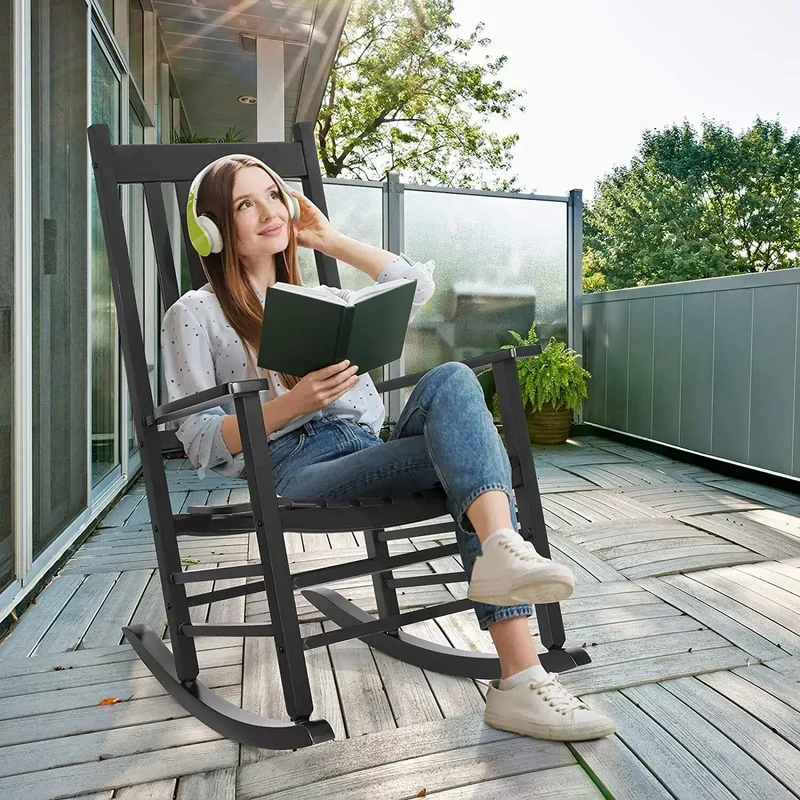 Schommelstoel - Tuinstoelen - Draaifauteuil - Houten - Grote Porche Rocker, Stoelen voor Slaapkamer, Woonkamer, Tuin en Balkon - Tuinstoelen - Strandstoel - Zwart