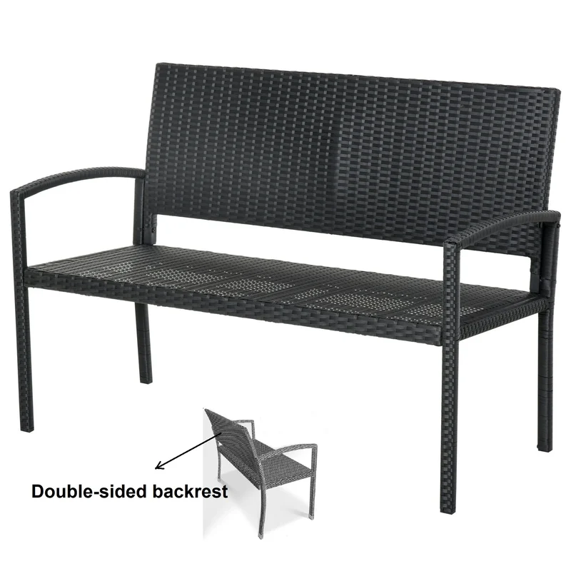 Tuinbank - Wicker Tuinbankje - Loungebank - Balkonset - Weerbestendige PU Rotan Bank met Stalen Frame, Lichtgewicht en Geschikt voor Jaarlijks Buitengebruik - Dubbelzijdige - Zwart