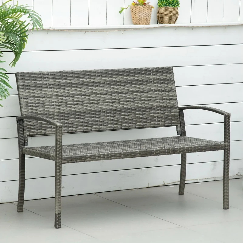 Tuinbank - Wicker Tuinbankje - Loungebank - Balkonset - Weerbestendige PU Rotan Bank met Stalen Frame, Lichtgewicht en Geschikt voor Jaarlijks Buitengebruik - Enkelzijdig - Grijs