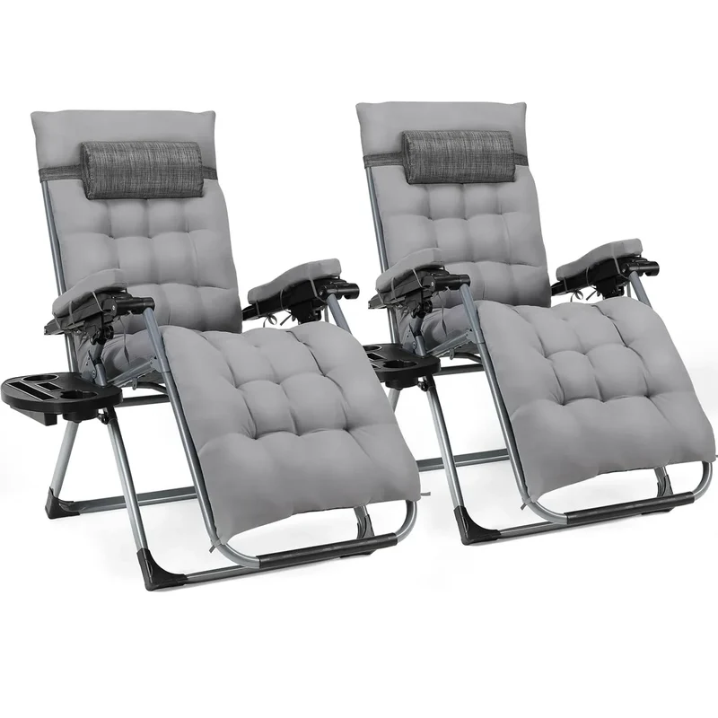 Ligstoel - Tuinstoelen - Strandstoel - Klapstoel - Zero Gravity - Opvouwbare - Draagvermogen van 160KG - Verstelbare met Verwijderbare Kussen, Hoofdsteun en Kopjeshouder- Binnen/Buiten - Tuinset – Campingstoel – Tuinstoel – 2 Stuks - Grijs