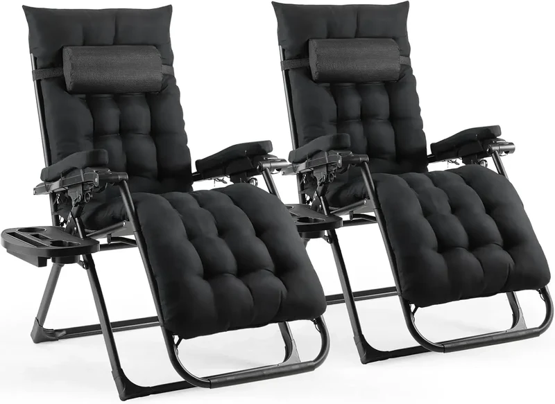 Ligstoel - Tuinstoelen - Strandstoel - Klapstoel - Zero Gravity - Opvouwbare - Draagvermogen van 160KG - Verstelbare met Verwijderbare Kussen, Hoofdsteun en Kopjeshouder m- Tuinset – Campingstoel – Tuinstoel – 2 Stuks - Zwart