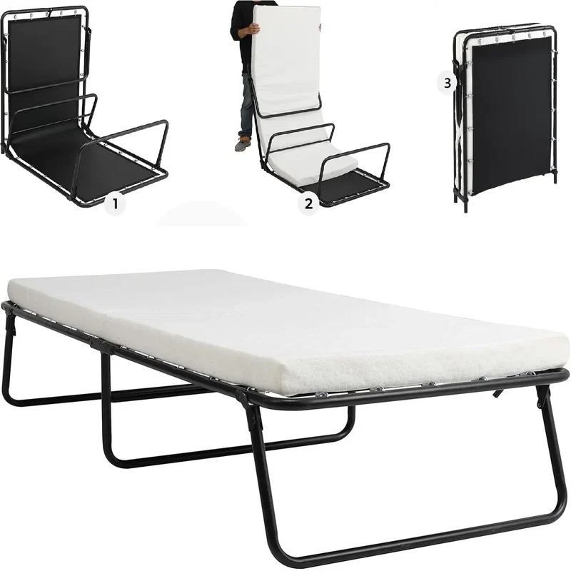 Logeerbed - Bed - Eenpersoonsbed - Opvouwbaar - 190x80cm - met 7cm Traagschuim Matras, Inklapbaar Gastbed met 2 Wielen - Bedden - Bankstel