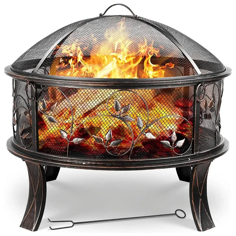 Vuurkorf - Vuurschaal - BBQ Grill - Schaal - met Vonkenscherm – Ø71 cm - Retro Vuurbak met Pook en Houtskoolrooster - Stabiele Buitenhaard voor Verwarming en BBQ Bonfeu - Zwart