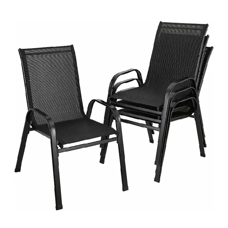 Tuinstoelen - Strandstoel - Tuinstoelen Stapelbaar - Tuinstoel met Hoge Rugleuning - Staal en Teslin – Comfortabele Buitenstoelen voor Balkon, Camping en Tuin - 4 Stuks - Zwart