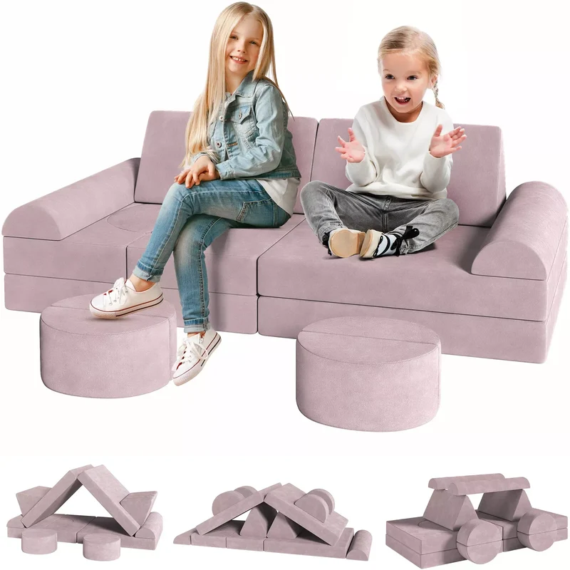 Zetel - Kinderbank - Kinderzetel - Bankje - Bank - Modulaire - Sectie Sofa - Fortplay Meubel - voor Slaapkamer en Speelkamer – Converteerbare Schuim & Vloerkussen - Roze