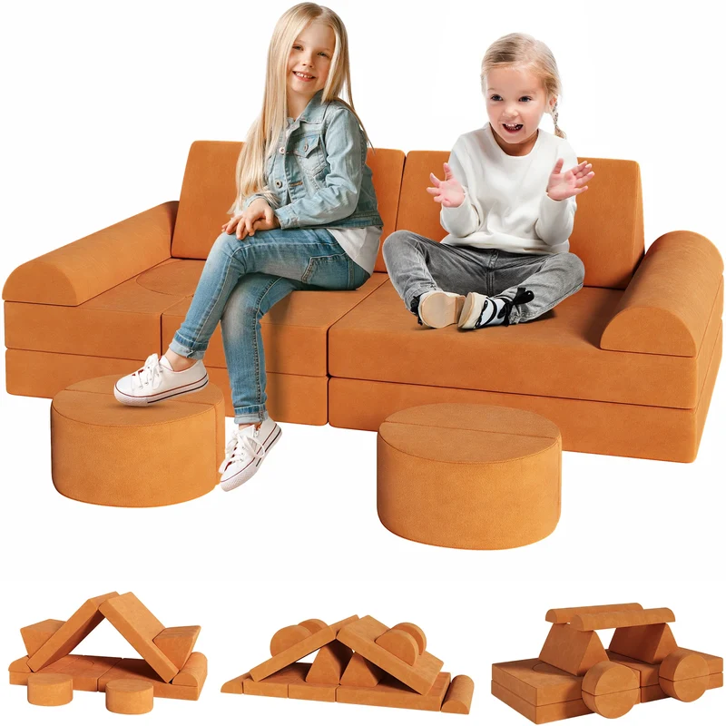 Zetel - Kinderbank - Kinderzetel - Bankje - Bank - Modulaire - Sectie Sofa - Fortplay Meubel - voor Slaapkamer en Speelkamer – Converteerbare Schuim & Vloerkussen - Oranje