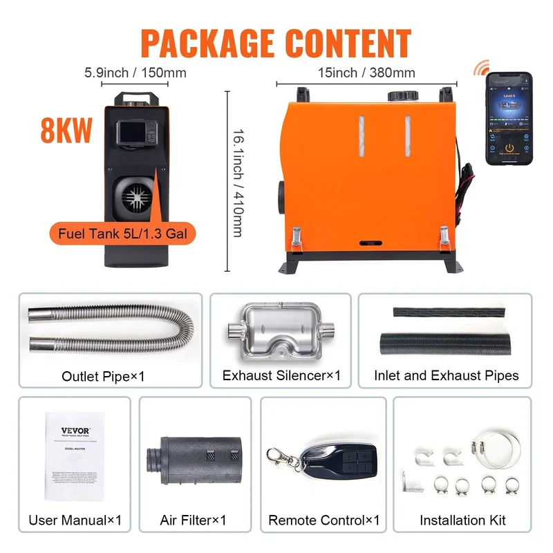 Diesel Luchtverwarmer - Standkachel - Auto verwarming - Parkeer Heater - 12V Diesel Heater - 8KW - met LCD Scherm - en Afstandsbediening - voor Auto - Vrachtwagen - Boot - Camper - met Bluetooth