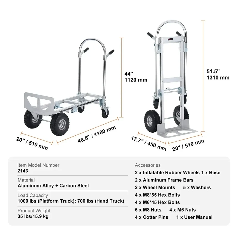 Steekwagen - Steekkar - Steekwagen Opvouwbaar - Transportkar - Transportwagen - Aluminium - Zware - Vouwbare Kar - voor Magazijn en Supermarkt - 1000lbs - Zilver