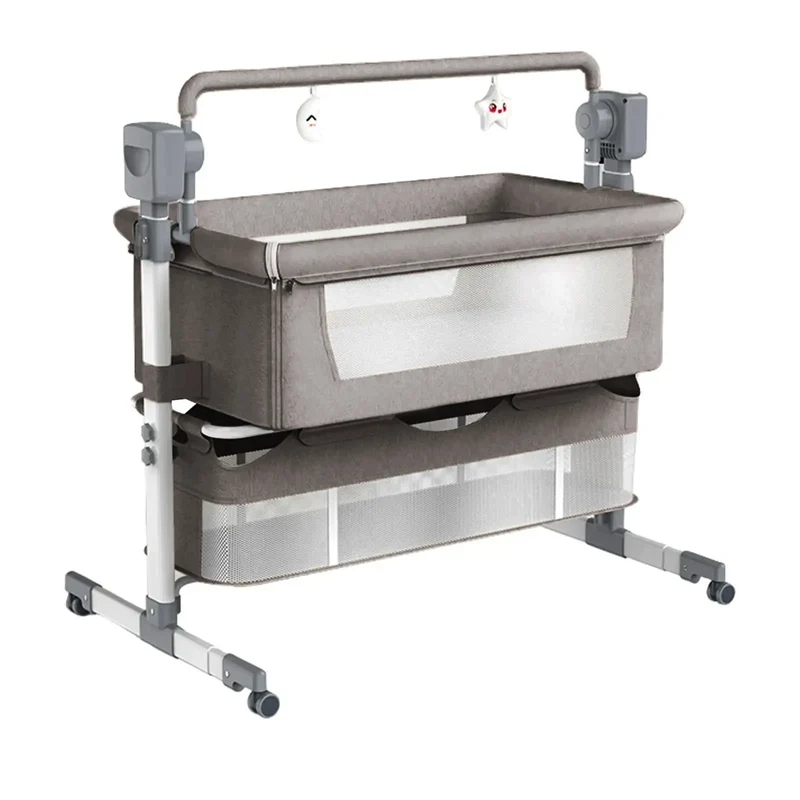 Elektrisch Babybed - Babybedje - Wieg - Babybed - Ledikant - Verstelbare Hoogte - met Muskietennet - Schommelbed - Multifunctioneel - Binnen & Buiten - Met Afstandsbediening - Bluetooth - Lichtgrijs