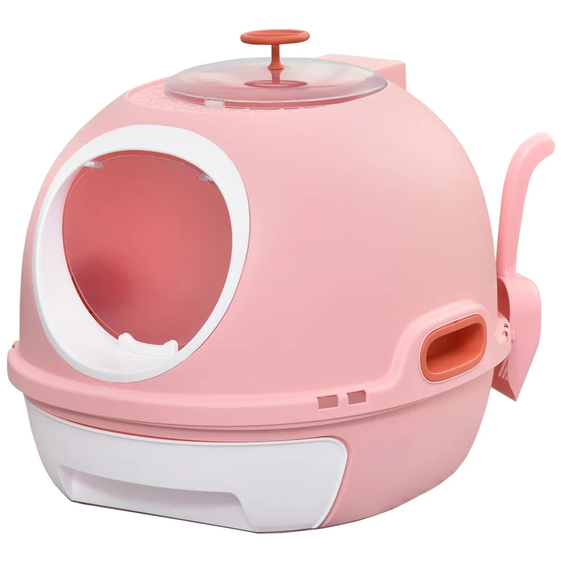 Kattenbak - Kattentoilet - Kattenbakvulling - met Uitneembare Lade - Scooper - Transparante Entree - Daklicht - ABS - 47 x 55 x 44 cm - Roze