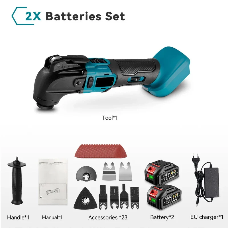Oscillerende Multitool - Borstelloze - Multifunctionele Tool - Elektrische Zaag - Trimmer - Schop - Polijstmachine -Houtbewerking Tool - voor 18V-21V Batterij - met 2 Accu - 8500-24000PM - Blauw