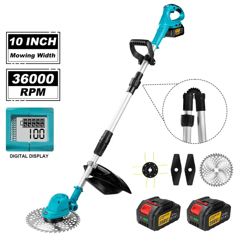 Accugrasmaaier - Elektrische Grasmaaiers - Gazontrimmer - Grastrimmer - met Krachtige Borstelloze Motor - In Lengte Verstelbaar - met 2 x 18V Batterij - 36000 RPM - 9inch Snijbreedte - Accessoires - voor Tuin - Gazon - Blauw
