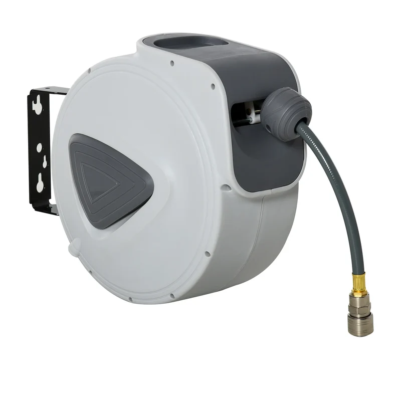 Wandslangenbox - Wandslanghaspel - Slanghouder - Tuinslang - Muur Gemonteerd - Automatisch Oprolsysteem - 180° Intrekbare Beugel - 15m - 39 x 21.2 x 36.6 cm - Lichtgrijs