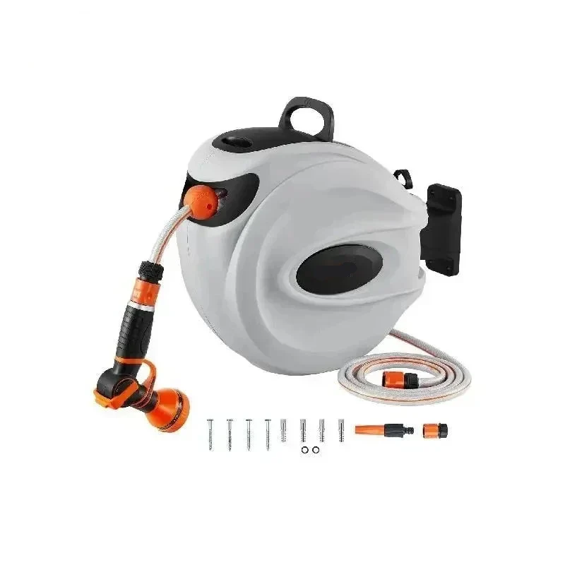 Wandslangenbox - Wandslanghaspel - Slanghouder - Tuinslang - Muur Gemonteerd - Automatisch Oprolsysteem - 180° Intrekbare Beugel - met 9 Patronen - Mondstuk - 3 Snel - 20m - Wit