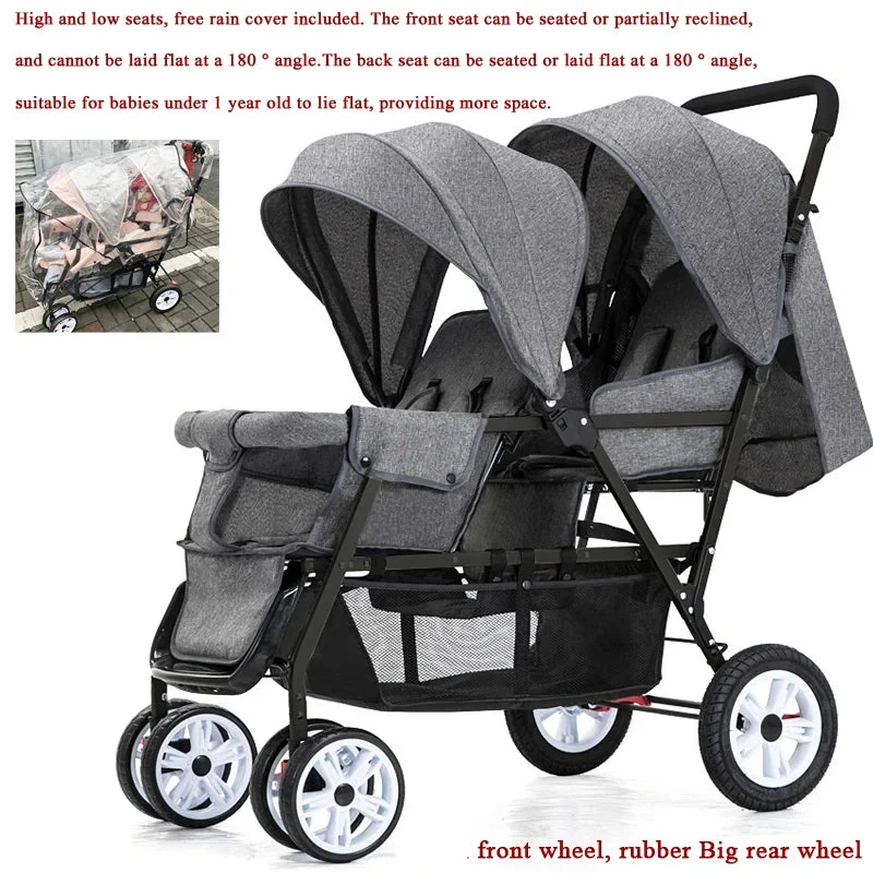 Dubbele Kinderwagen - Tweeling Kinderwagen - Duo Buggy - Duo kinderwagen - 2 Omvormbare Zitjes - en Reiswiegjes - Grijs