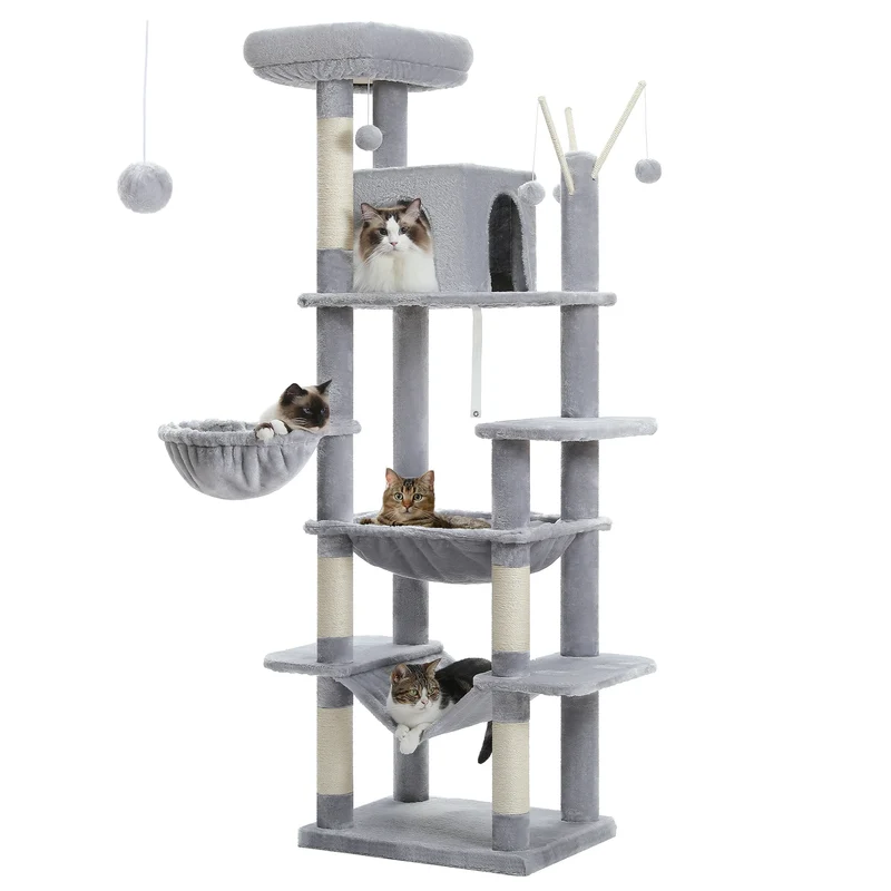Kattenboom - Kitten Krabpaal - Katten Klimmuur - Sisal Krabpalen - Grote - 175cm Hoog - Meerdere Verdiepingen - Krabpalen - Krabplanken - Arbre a Chat - Hangmatten - Grijs