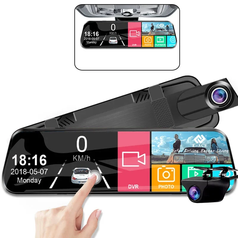 Dashcam voor Auto - 10 Inch Touchscreen Spiegelcamera - 1080P AHD Dashcam met Nachtzicht - G-Sensor - Parkeermodus - Groothoek 170° - Zwart