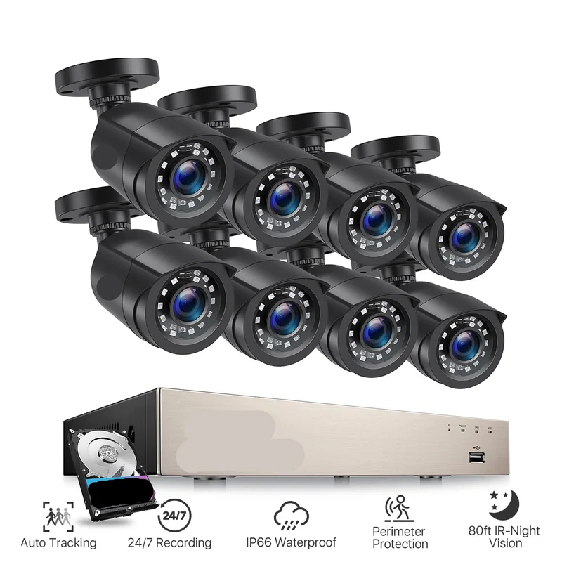 Beveiligingscamerasysteem - CCTV Camerasysteem - H.265+ 5MP Lite DVR - 8-Kanaals - IP66 Waterdichte Bewakingscamera’s - 1080p Camera - Nachtzicht - Complete Video Surveillance Kit - 1TB Harde Schijf - 8 Stuks - Zwart