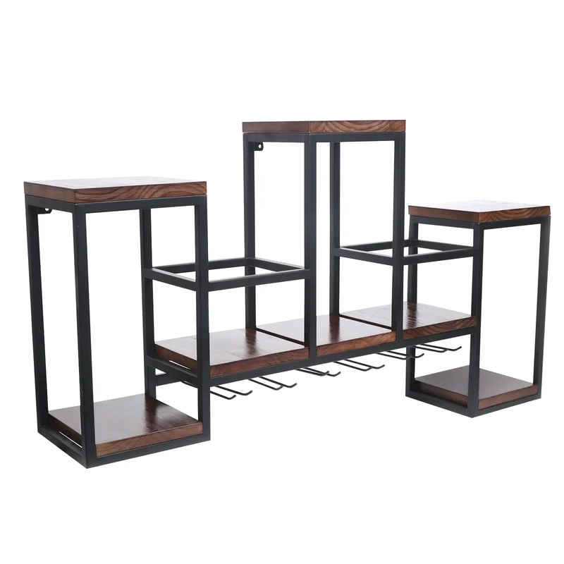 Wine Rack Wall Mounted Shelf, Industrial Hanging Display Storage with Holder, Solid Wood Glass Ceiling for Bar Cafe, 106x20x55cm