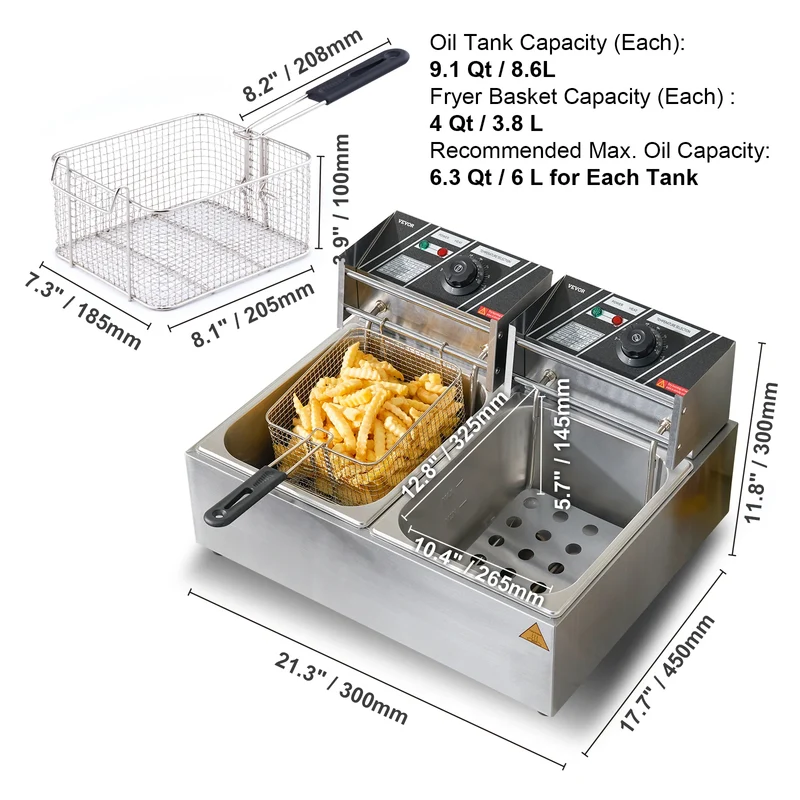 VEVOR 12L 3000W Commercial Electric Deep Fryer w/Dual Tanks Stainless Steel Countertop Fryer for Fried Chicken French Fries
