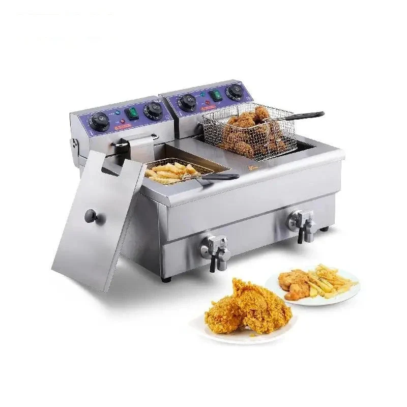 Dubbele Frituurpan - Frituurpannen - Horeca Friteuse - 12L - 3000W - Instelbare Thermostaat - RVS - 2 Tanks - Afvoerkraan - met Timer - en Filte - Voor Friet - Kip en Snacks