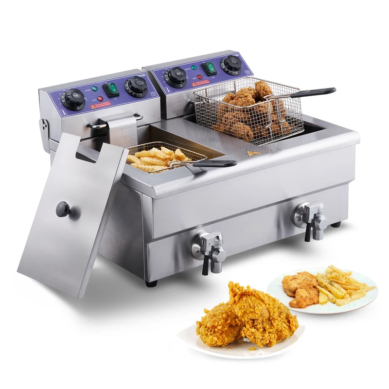 VEVOR Electric Deep Fryer w/Dual Removable Tanks 24L 3000W Commercial Countertop Fryer for Chicken French Fries Frying Chips
