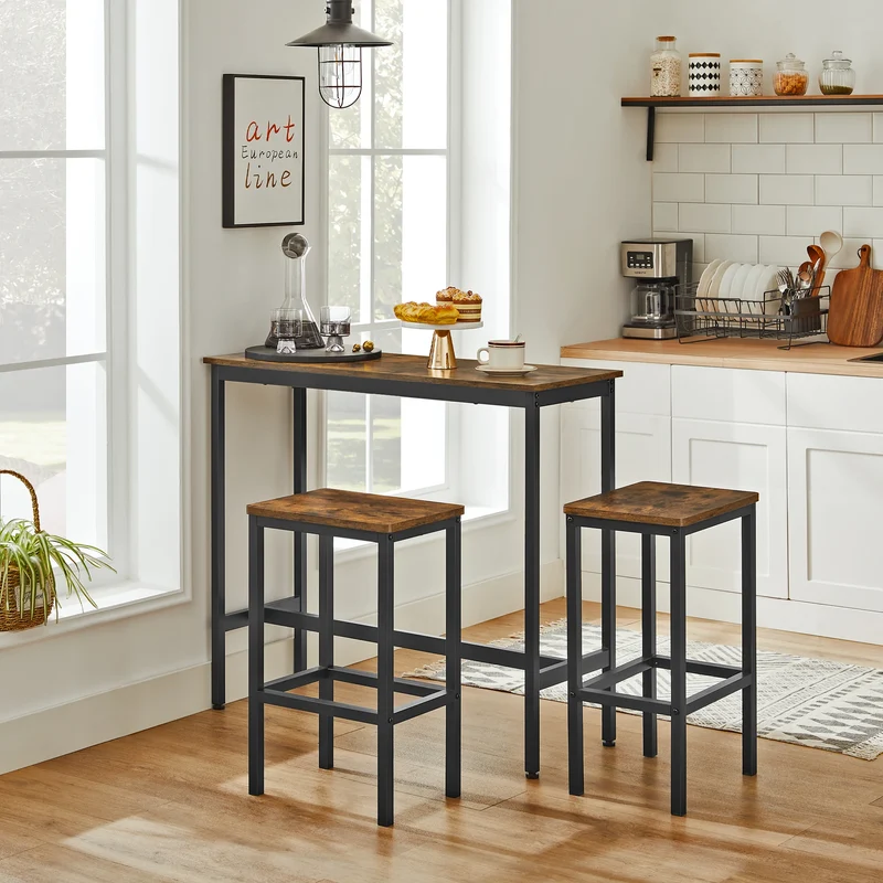 Bartafelset - Hoge Tafel - Metalen Frame -Industrieel Ontwerp - Voor Eetkamer - Woonkamer - Vintage Bruin - (100 x 40 x 90 cm) met 2 Barkrukken (elk 30 x 40 x 65 cm) - Zwart