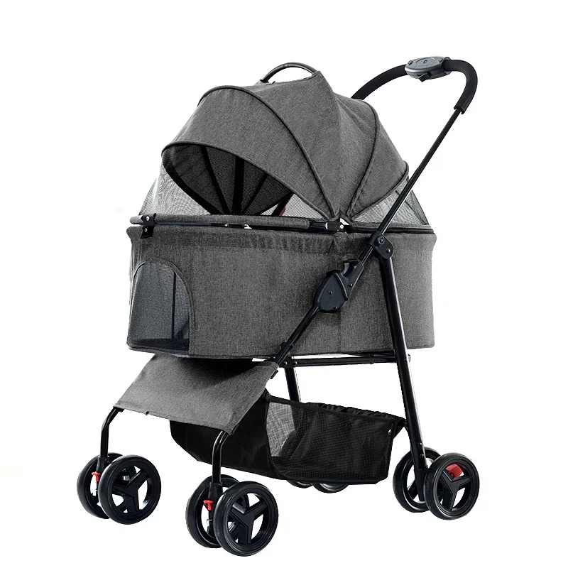 Hondenbuggy - Hondenkar - Kattenbuggy - Opvouwbare - Huisdierenbuggy - met 4 Wielen – Geschikt voor Huisdieren tot 30 kg – Jogger met Opbergmand en Ademend Gaas - Grijs