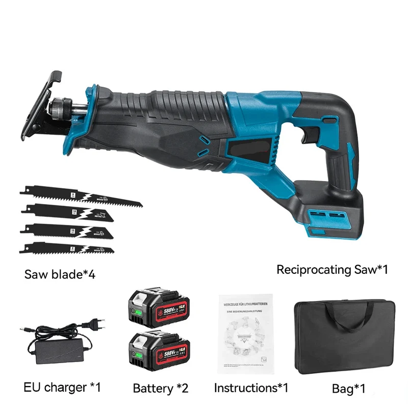 Reciprozaag - Zaag - Zaagmachines - Elektrische Kettingzaag - Reciprozagen - 3000W - Borstelloze -Snoerloze - Gereedschap - Inclusief 2x Accu – Ideaal voor Hout, Metaal en Pijpsnijden