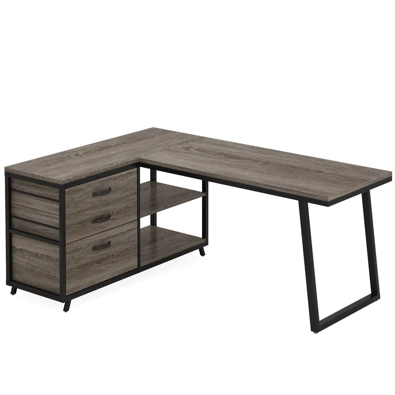 Bureau - Game Bureau - Hoekbureau - Gaming Bureau - 3 Lades - 53 Inch Breed - L-Vormig Bureau - Reversibel Ontwerp - Computertafel - Industrieel Kantoormeubilair - Grijze Afwerking