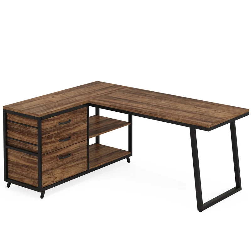 Bureau - Game Bureau - Hoekbureau - Gaming Bureau - 3 Lades - 53 Inch - L-Vormig Bureau - Reversibel Ontwerp - Computertafel - Industrieel Kantoormeubilair - Chocolade Afwerking