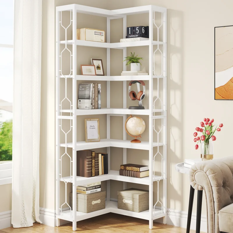Hoekboekenkast - Hoekkast - Stellingkast - 7-Tier Boekenkast Industriële - Hout en Metaal – Vrijstaande Opbergplank - Witte Afwerking