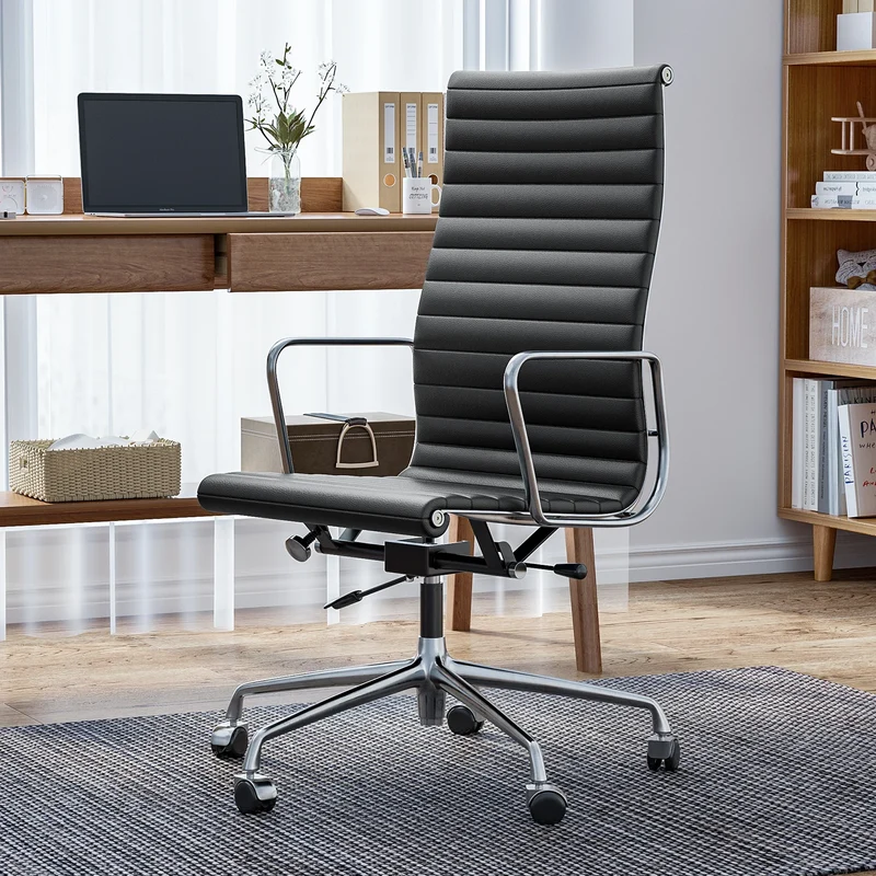 Bureaustoel – Werkstoel – Kantoorstoel – Ergonomische Stoel – Stoel Met Echt Leer – Aluminium Frame – S-vormige Rugleuning - met Hoge Rug