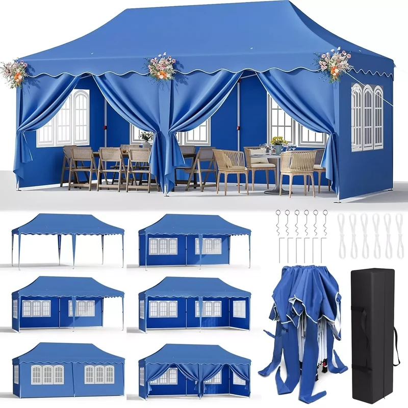 Tuinpaviljoen - Partytent - Partytenten - Paviljoen - Easy up Partytent - 3x6m - Waterdicht - Opvouwbare - Heavy-Duty - Inclusief 6 Zijpanelen – UV 50+ Bescherming - Blauw