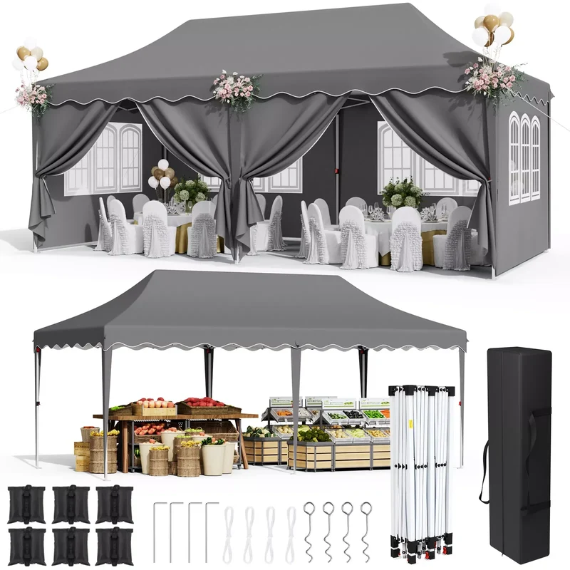 Tuinpaviljoen - Partytent - Easy up Partytent - Paviljoen - Partytenten - Vouwbare - 3x6m - Zware - Waterdichte Gazebo - 6 Zijwanden - UV50+ Bescherming - Stevige Stalen Frame - en Opbergtas - Grijs