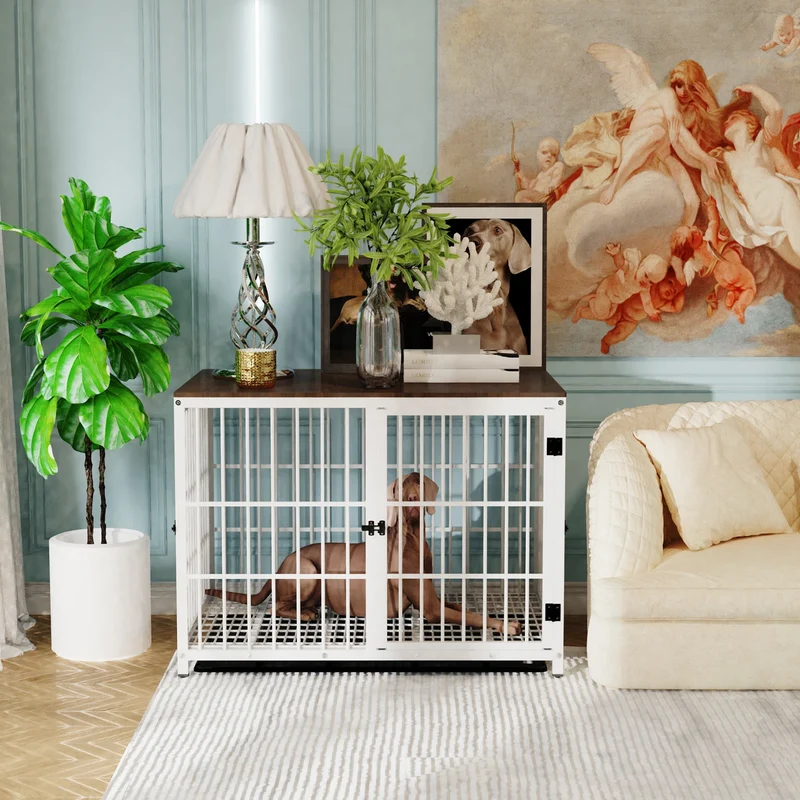 Hondenkennel - Hondenren - Hondenhok - Buitenren - Metalen - Meubelstijl Eindtafel – Met Drie Deuren, Sloten en Verwijderbare Tray - Kennel - Groot Formaat - Wit