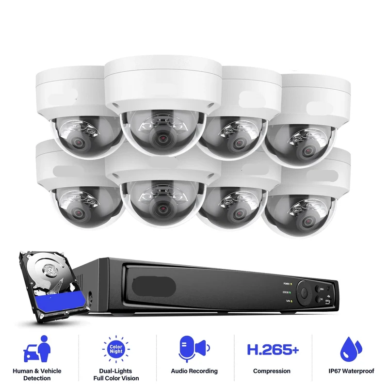 Beveiligingscamera's - Camerabewaking - CCTV Camerasysteem - 4K - 8-kanaals PoE Netwerk - NVR Recorder – Inclusief 4 Stuks 8MP Audio Opname IP Camera’s – Zonder HDD Opslag