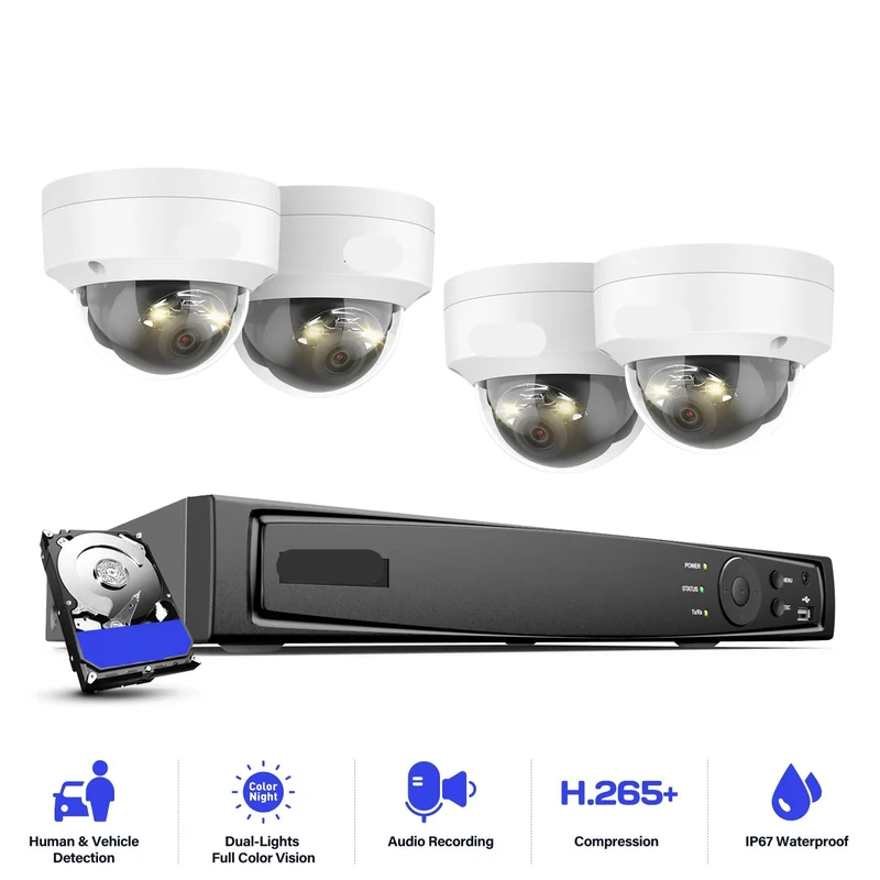 Beveiligingscamera's - Camerabewaking - CCTV Camerasysteem - 12MP Dual-Light Outdoor PoE - Persoons- & Voertuigdetectie – CCTV Video Security Kit - Waterdichte - Binnen/Buiten Camera’s - Zonder HDD Opslag